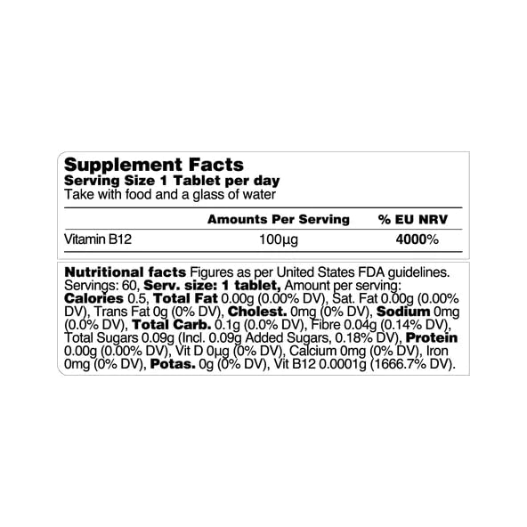 Vegetology Vitamin B12 Sublingual, 100mcg, Fast Acting Tablets, Cruelty Free, Fermented Source, Vegan Friendly, Boosts Energy and Supports Brain Function, 60 Day Supply