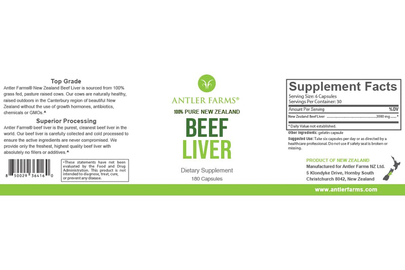 Antler Farms - 100% Pure New Zealand Beef Liver, 180 Capsules, 500mg - Grass Fed, Cold Processed Supplement, Pure and Clean rBGH Free, No Fillers or Additives