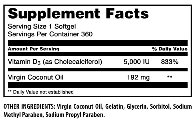 Amazing Formulas Vitamin D3 in Coconut Oil 5000 IU Supplement | Softgels | Non-GMO | Gluten-Free | Made in USA (1 Pack | 360 Count) Unflavored (360 Count)