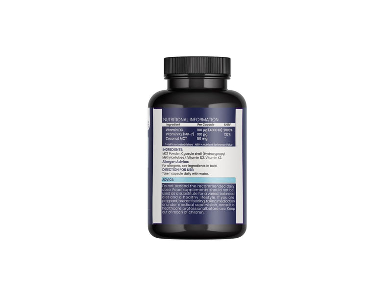 Vitamin D3 4000 IU + K2 100mcg with MCT Oil | 120 Tiny Capsules, Pure Formula, Excipient & Filler Free | Halal Certified, Vegetarian, Non GMO | Bones, Teeth & Immunity