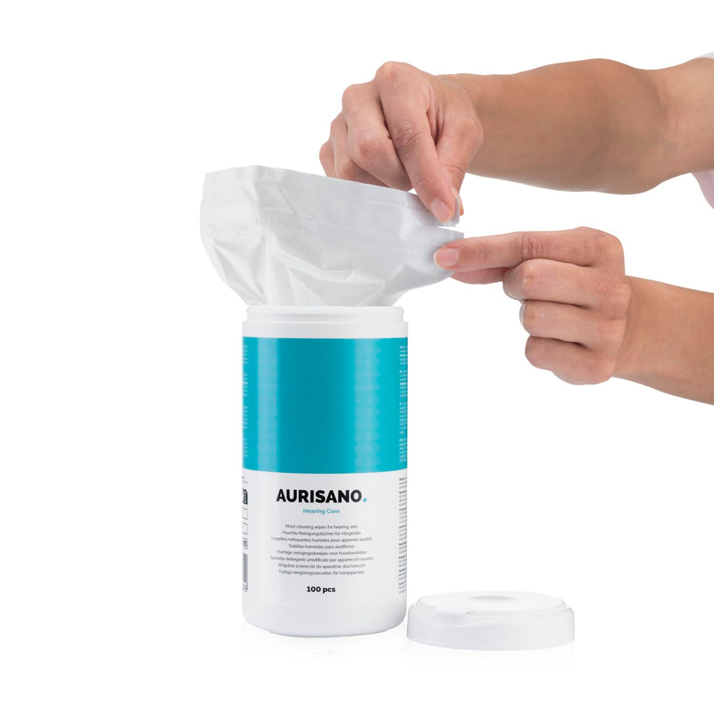 [Australia] - AURISANO hearing aid cleaning wipes - 100 hearing aid cleaning wipes in dispenser box - earwax remover - hearing aid cleaner - hearing aid accessories - for your hearing aid, hearing amplifier or hearing protection 1 