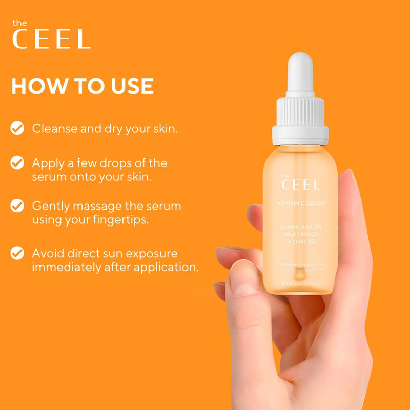 The Ceel 20% Vitamin C Brightening Anti-Aging Serum for Face with Ascorbic, Ferulic Acid & Vitamin B5 - Paraben & Perfume Free Skin Care Formula for Hydration, Wrinkles, Dark Spots, & Radiance - 30ml
