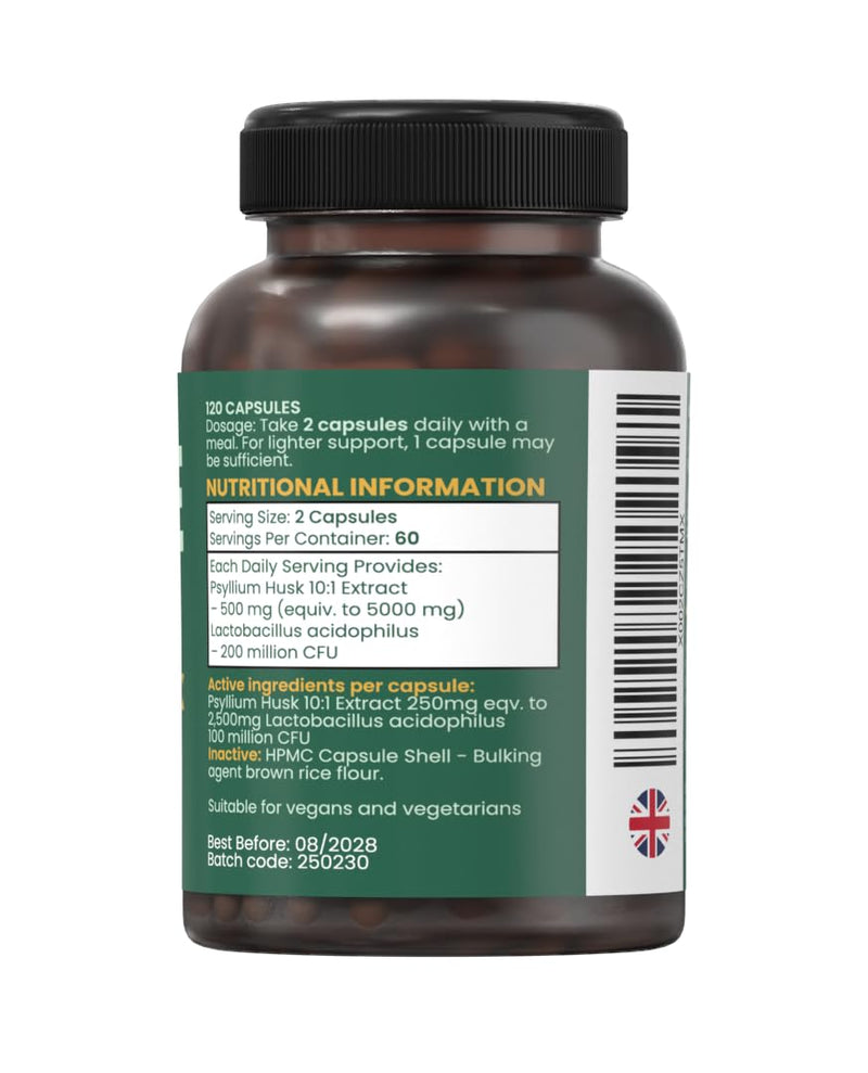 Psyllium Husk Fibre Supplement 5000mg + Probiotics – High Strength Digestive Gut & Regularity Support – 120 Vegan Fiber Capsules, UK Made – HERA Vitality 120 count (Pack of 1)