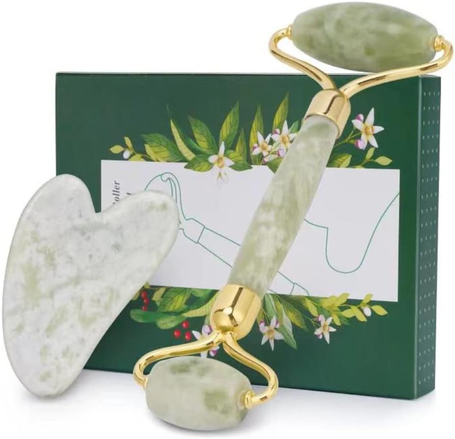 Jade Roller and Gua Sha Set - 100% Natural Jade Stone Face Roller, Dual Sided Massage Roller Stimulates Blood Flow, Relieves Stress, Reduces Signs of Aging, Travel Pouch Included, Gift Box