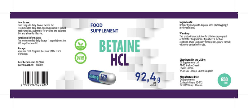 [Australia] - Betaine HCL 650mg 120 vegan capsules, laboratory tested, high dosage 
