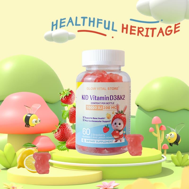 Kids Vitamin D3 + K2 Gummies – 10000 IU D3 & 200 mcg K2 – Bone, Teeth & Heart Support – Strawberry & Lemon – Vegan, Non-GMO, Allergen-Free – 60 Chewables by Glow Vital Store (1) 1