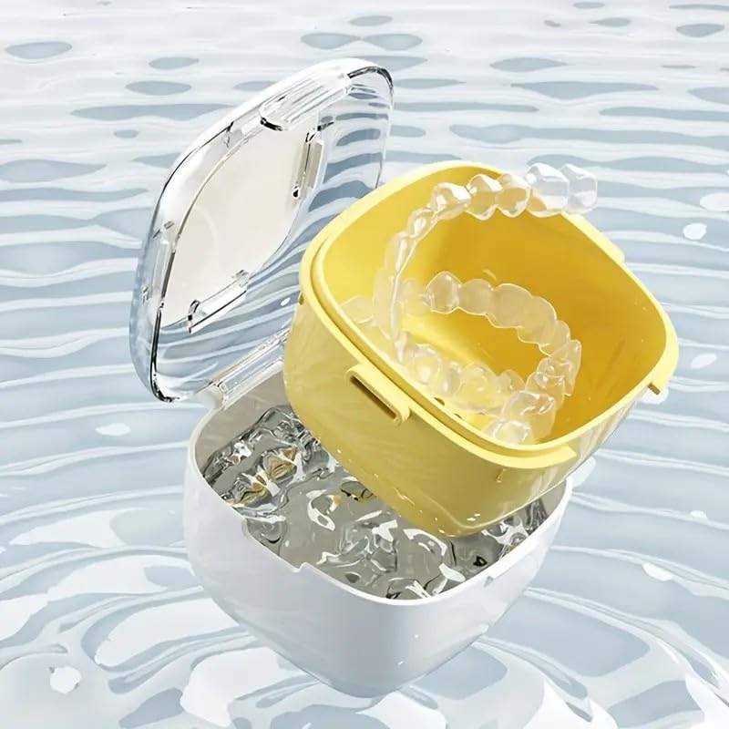 [Australia] - Denture Case Transparent Design Denture Cup with Removable Rinse Basket, Denture Case for Cleaning, Soaking, and Storing Dentures, Mouthguards and Orthodontic Retainers (Light blue) Light blue 