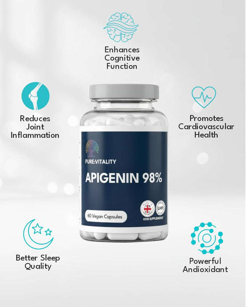 Pure Vitality Apigenin 250mg (98% Pure) – 60 Vegan Capsules – Premium Flavonoid Supplement – Non-GMO, Plant-Based, Third-Party Tested