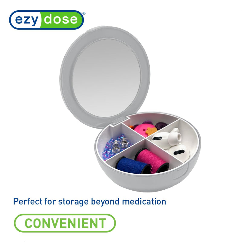 Ezy Dose Round Travel Compact Pill Organizer with Built-in Mirror, Gray | Compact and Portable Medication Case for Daily Vitamins, Pills, and Medicine Management, Ideal for Travel and On-The-Go Use Small Mirrored Case