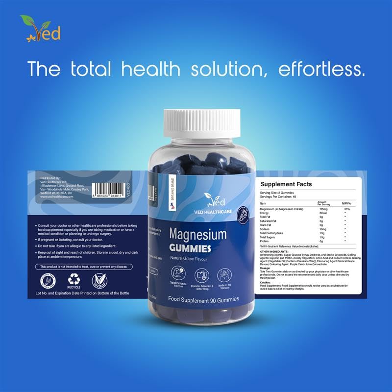 Magnesium Gummies, (90 Gummy), Magnesium Citrate, Natural Grape Flavour, Vegan, 2 per Day, 45 Days Supply, Muscle & Energy, for Adults – by Ved