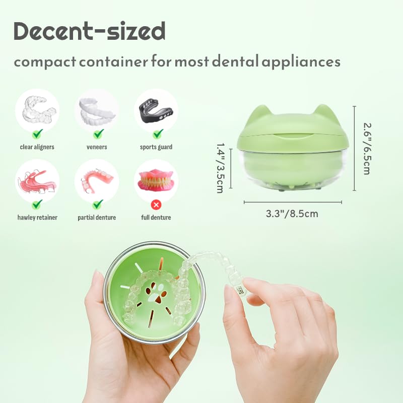 Cute Retainer Case with Removal Tool and Mirror, Compact Bath Cup with Strainer Tray for Partial Denture, Leakproof Soaking Container for Aligners, Mouth Guards, Night Guards, Veneers (Green Cat) Green Cat