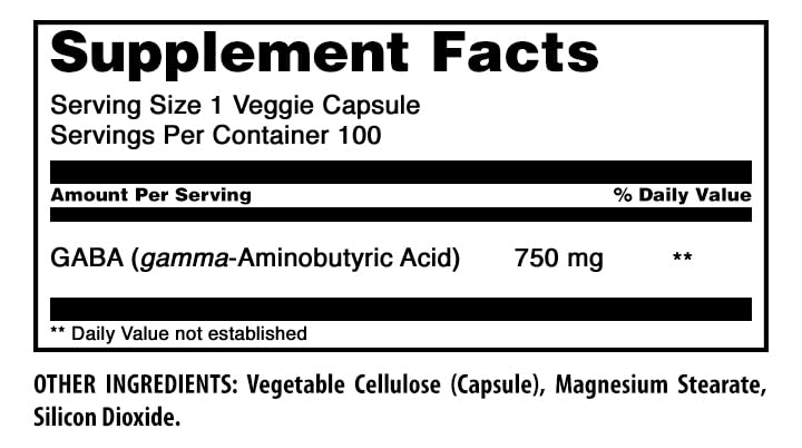 Amazing Formulas GABA Supplement | 750 Mg per Serving | 100 Veggie Capsules | Non-GMO | Gluten-Free | Made in USA | Ideal for Vegetarians Unflavored - 100 Count