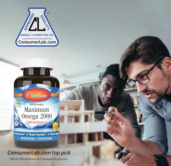 Maximum Omega 2000, 2000 mg Omega-3 Fatty Acids Including EPA and DHA, Wild-Caught, Norwegian Fish Oil Supplement, Sustainably Sourced Fish Oil Capsules, Lemon, 60 Softgels