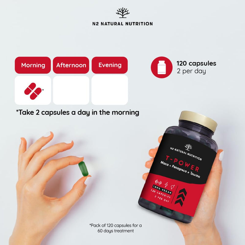 Testosterone Booster Complex for Men with Fenugreek, L-Taurine Maca Gingseng, Zinc, L-Taurine, Black Pepper. Mood Stimulant, Endurance, Energy. Pre Workout. 120 Capsules. Vegan. N2 Natural Nutrition 120 count (Pack of 1)