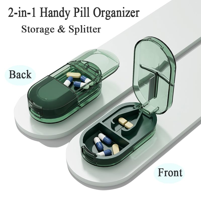 Travel Pill Organizer Cutter Box, 2 Compartments Tablet Splitter | Daily Pill Case, Small Vitamin Planner Sorter for Pocket Purse, Mini Medicine Supplement Fish Oil Capsule, Transparent Green Grey