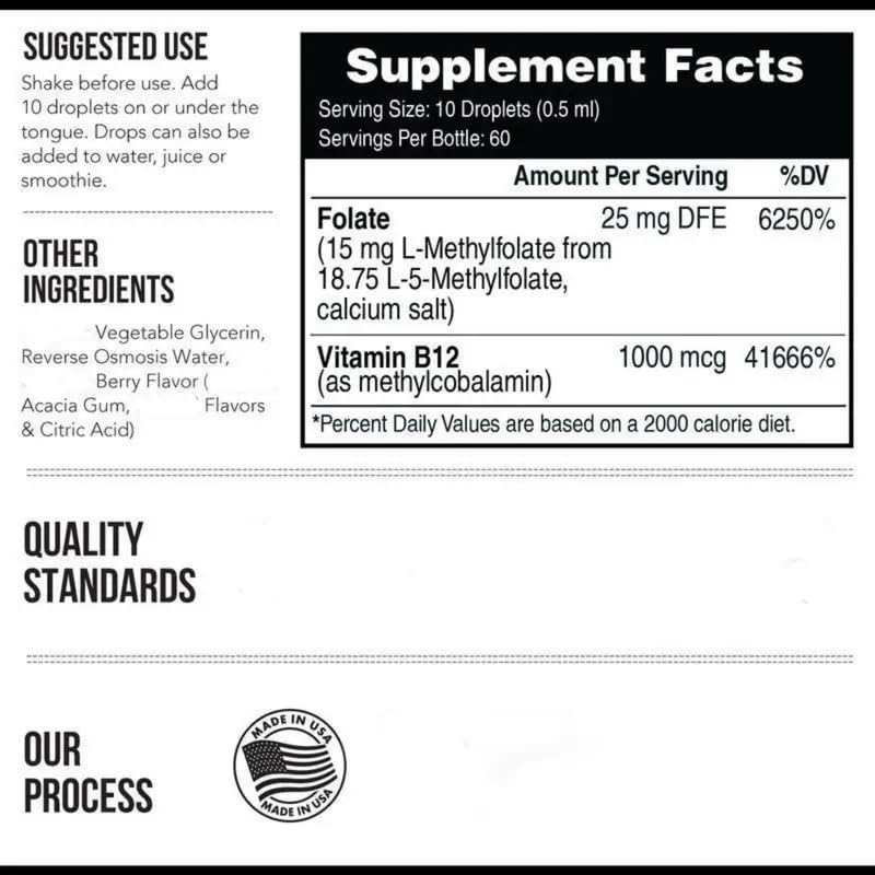 Organic Methyl Folate 1000 mcg + Methyl B12 Drops – 5-MTHF & Methylcobalamin Sublingual, 300 Servings, Berry Flavor, Vegan, Non-GMO Liquid Folate & Vitamin B12 Supplement, 1 fl oz