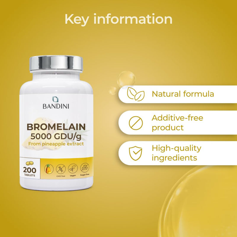 Bandini® Bromelain High Strength 5000 GDU/g per Serving - 200 Gastro-Resistant Tablets - Digestive Enzyme, Strong Bromelain Pure Pineapple Extract, High Dose, Made in Italy, No Additives, 100% Vegan
