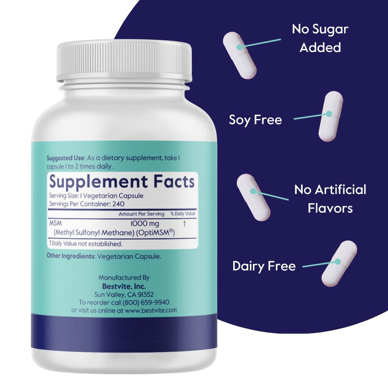 [Australia] - BESTVITE MSM 1000mg Made with OptiMSM (240 Capsules) - No Stearates - GMO Free - Gluten Free - Joint Support 240 Count (Pack of 1) 