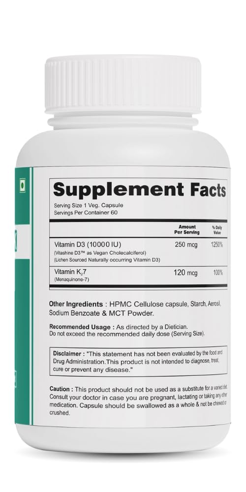 DK | Vegan Vitamin D3 10000 IU, Vitamin K2 120 Mcg with MCT Powder, Vegetarian Vitamin D3 K2 for Women and Men,Lichen Vitamin D3-60 Gluten Free Capsules