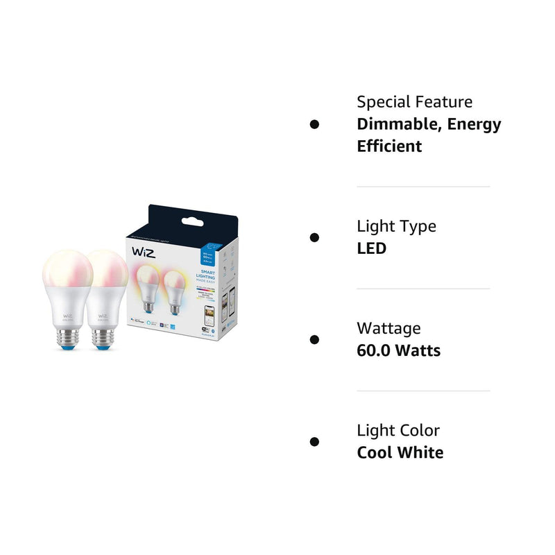 [Australia] - WiZ Connected 60W A19 LED Smart Light Bulbs - Connects to Your Wi-Fi - E26 Smart Bulb - Control with Voice or App + Activate with Motion - Matter Compatible - 2 Pack A19 Bulb 