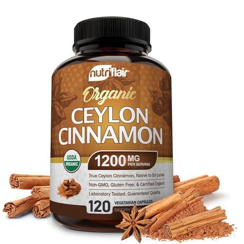 NutriFlair Organic Ceylon Cinnamon Supplement 1200mg, 120 Capsules - USDA Certified - Non-GMO, Gluten Free Powder, Antioxidant Pills 120 Count (Pack of 1)