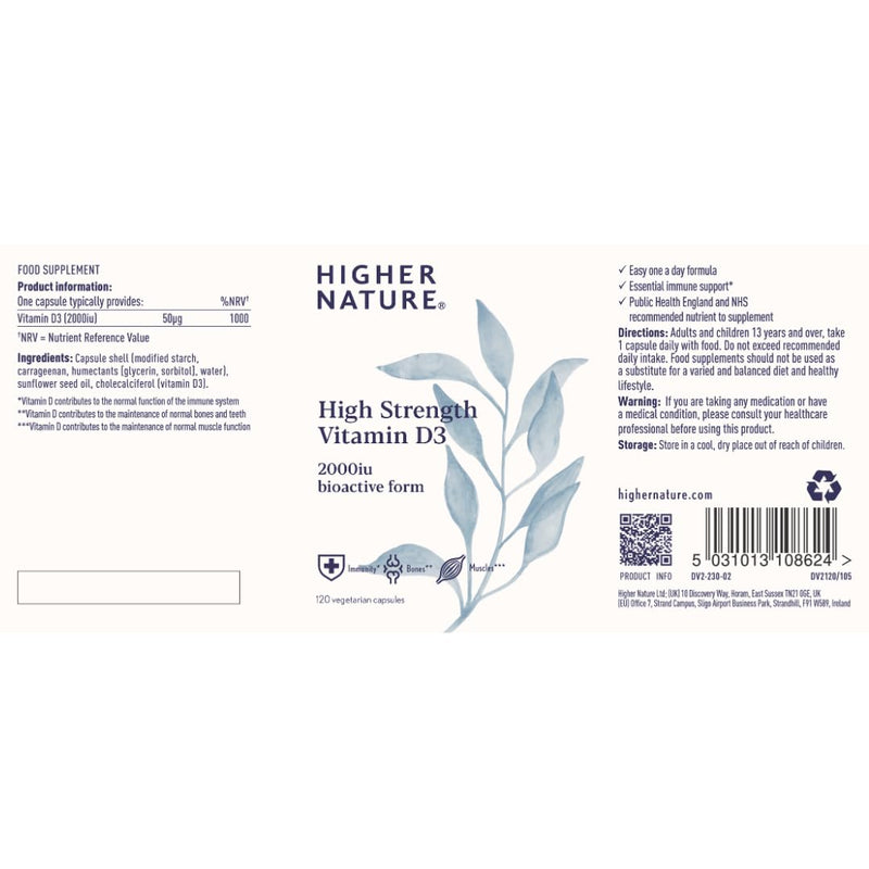 Higher Nature - High Strength - Vitamin D3 2000iu - Immune System Support - Bone & Muscle Support - Vegetarian Friendly - 120 Capsules 120 count (Pack of 1)