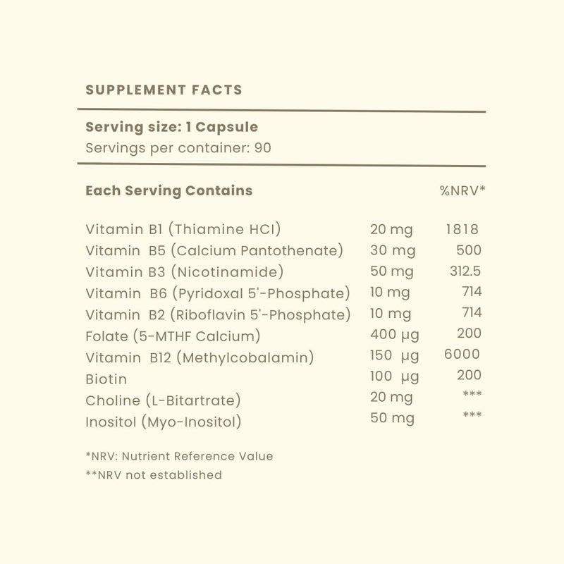Vitamin B Complex High Strength | All 8 B Vitamins + Myo - Inositol & Choline | B1-B2-B3-B5-B6-B9-B12-B7 (Biotin), Folate | Clean, No Additives or Fillers | Made in UK