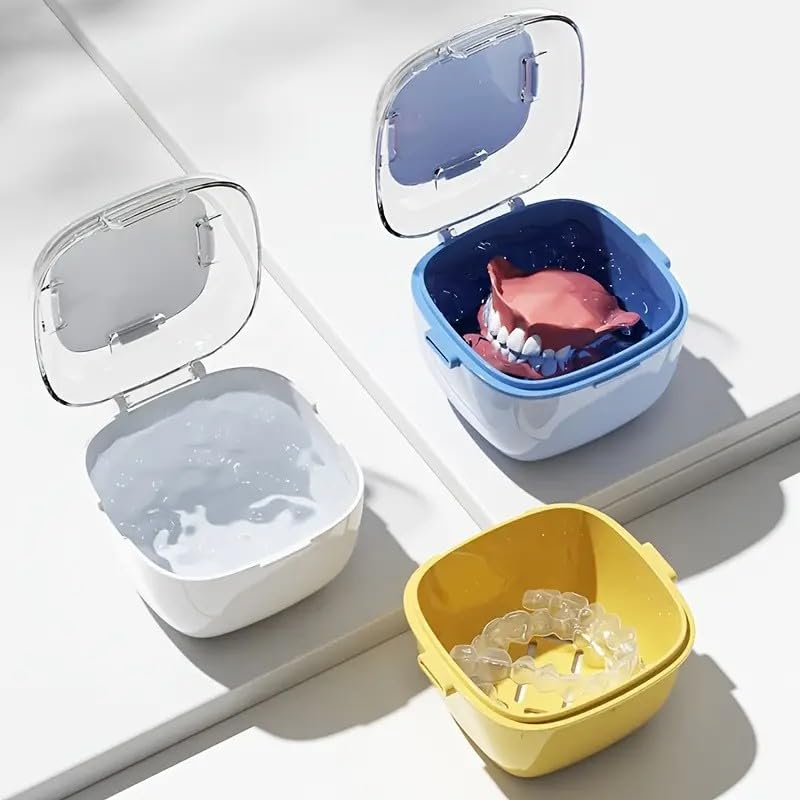 [Australia] - Denture Case Transparent Design Denture Cup with Removable Rinse Basket, Denture Case for Cleaning, Soaking, and Storing Dentures, Mouthguards and Orthodontic Retainers (Light blue) Light blue 