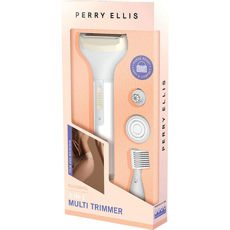 [Australia] - Perry Ellis USB Rechargeable Electric Shaver for Women, Bikini Trimmer, Eyebrow Trimmer, Nose Hair Trimmers, Face Shaver Hair Removal for Sensitive Skin, Electric Trimmers - 4 Heads, White/Gold 