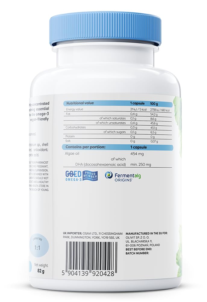 Osavi Omega–3 Vegan, 250 mg DHA – 120 Softgels | Highly Concentrated Algae Oil from Schizochytrium sp. | Supports Brain, Vision & Heart Health | Vegan–Friendly Tapioca Softgel 120 count (Pack of 1)