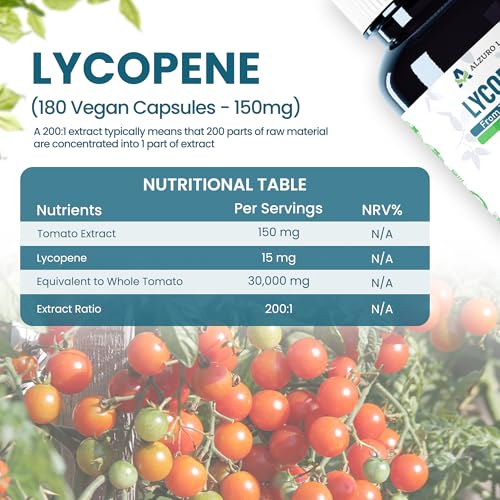 Lycopene 15mg | High Strength 200:1 Tomato Extract, Standardised to 10% | 180 Vegan Capsules | Antioxidant Support | GMP & 3rd Party Lab Tested