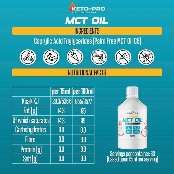 Keto-Pro MCT Oil C8 500ml | World's Highest Purity 99.9% C8 MCT Oil | Suitable for Paleo & Vegan Diet Requirements | Gluten Free | Pure Caprylic Acid | Triple Distilled Extraction