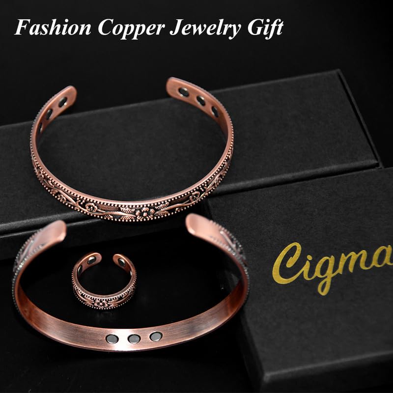 Copper Bracelets for Women and Copper Ring 99% Pure Copper Ring Bracelet Adjustable Size Bangle Christmas Gift Set (Copper) 9x Copper Plum+4x