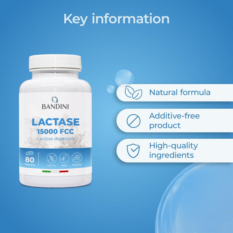 Bandini® Lactase Extra-Strength Dose 15,000 FCC - Helps with Lactose Intolerance - 80 Tablets - Supports the Lactose Digestion - Slow Release Digestive Enzymes Supplement - 100% Vegan - Chemical Free