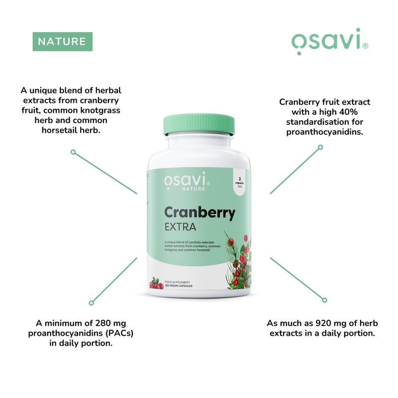 Osavi Cranberry Extra – 30 Vegan Capsules | Extract from Cranberry (Vaccinium macrocarpon) Fruit | Standardised to 40% proanthocyanidins (PACs) | Enriched with Knotgrass and Common Horsetail extracts