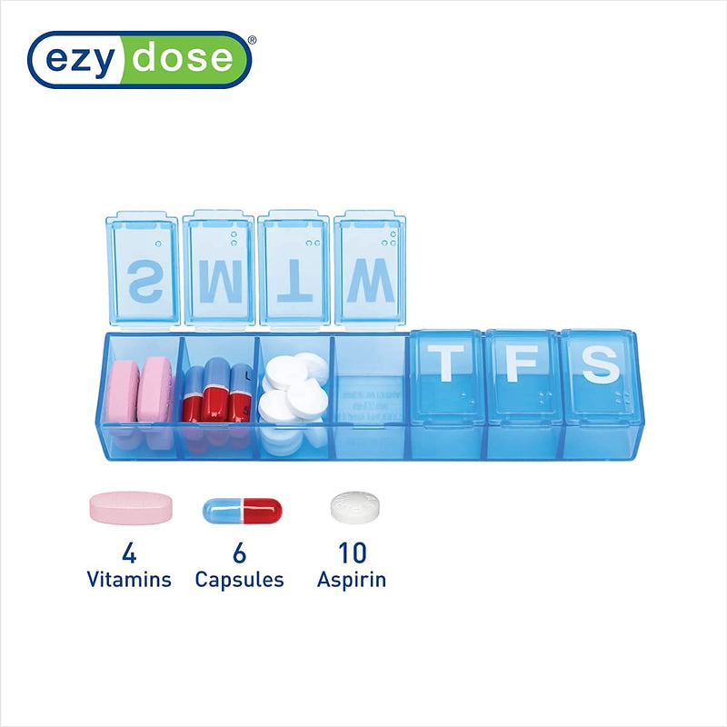 EZY DOSE Weekly (7-Day) Pill Organizer, Daily Vitamin Planner, Medicine Container, Case for Supplements and Fish Oils, Medium Compartments, Colors May Vary Color May Vary