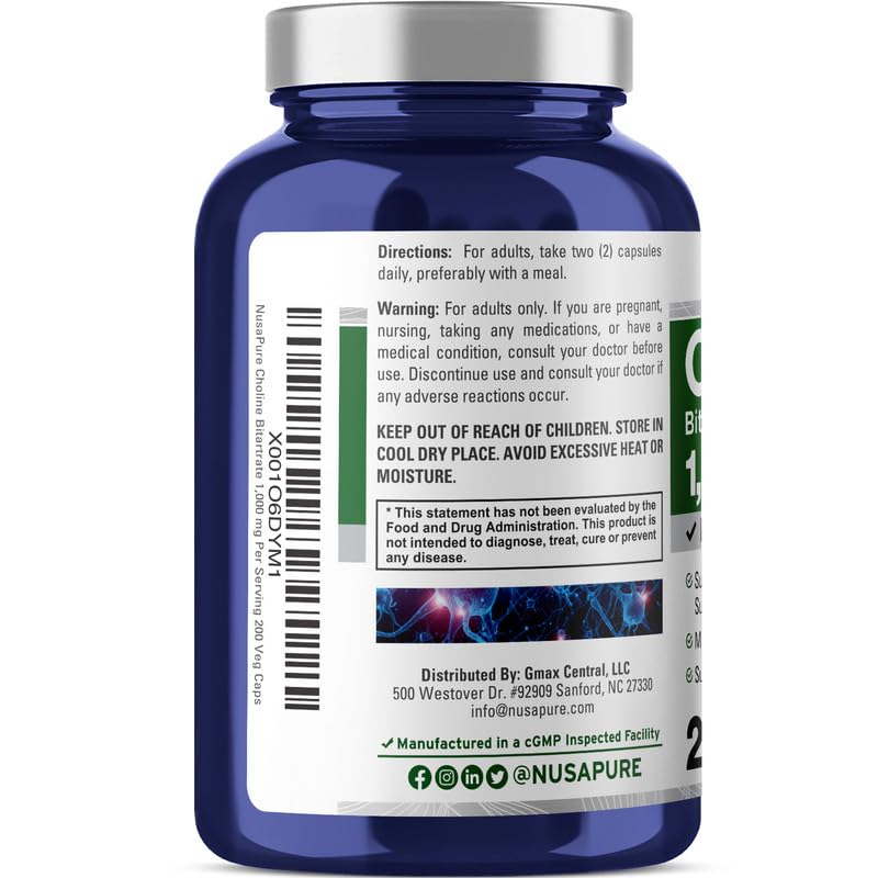 [Australia] - NusaPure Choline Bitartrate 1000 mg 200 Veggie Capsules (Vegetarian, Non-GMO) 