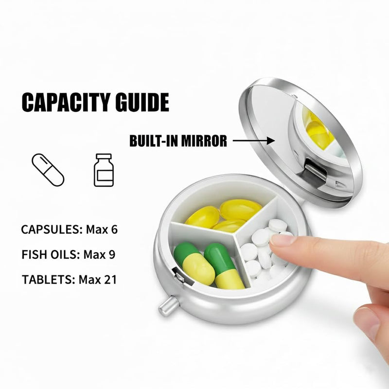 Pill Box 3 Compartment Small Pill Case,Portable for Pocket or Purse Pill Organizer Pill Container Holder with Mirror to Hold Vitamins, Medication, Fish Oil and Supplements (Ghost) Ghost
