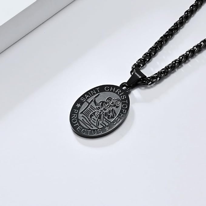 Oval Saint Christopher/Michael/Joseph Pendant Medal Necklace, Catholic Stainless Steel Wheat Chain 24 Inches Saint-Christopher-Black