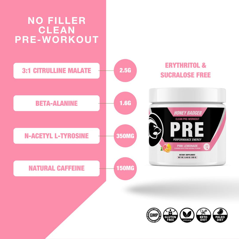 [Australia] - Honey Badger Pre Workout Powder, Keto Vegan Preworkout for Men & Women with Vitamin C for Immune Support, Beta Alanine & Caffeine, Sugar Free Natural Energy Supplement, Pink Lemonade, 30 Servings 