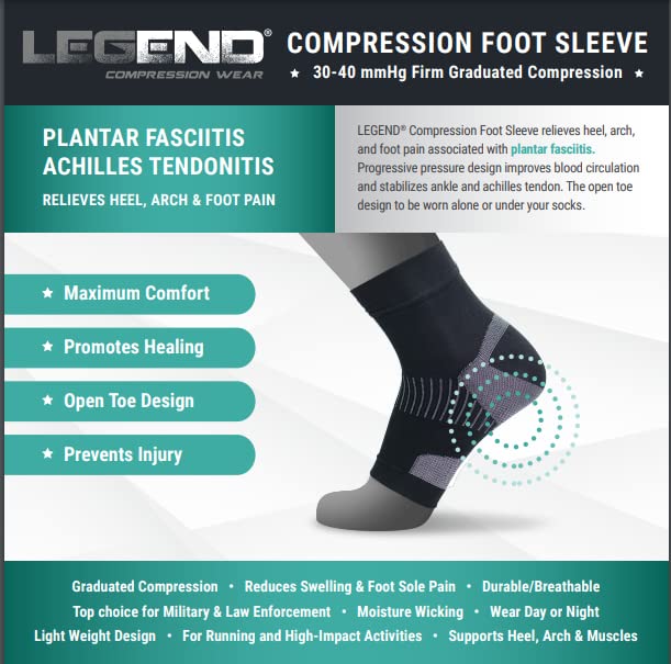 LEGEND Compression Wear Foot Sleeve, Plantar Fasciitis Relief, Heel, Foot, and Arch Pain Support, Swollen Feet, Made in the USA, Black, 1 Sleeve, Small