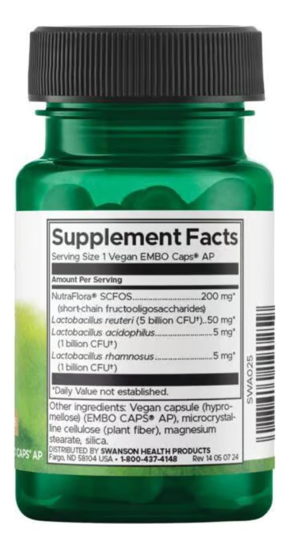 Swanson L. Reuteri Probiotic Plus, 7 Billion CFU, 30 Vegan Capsules | With Lactobacillus Rhamnosus, Acidophilus, and FOS Prebiotic for Gut-Health-Conscious Adults, Full-Spectrum Support 30 Count (Pack of 1)