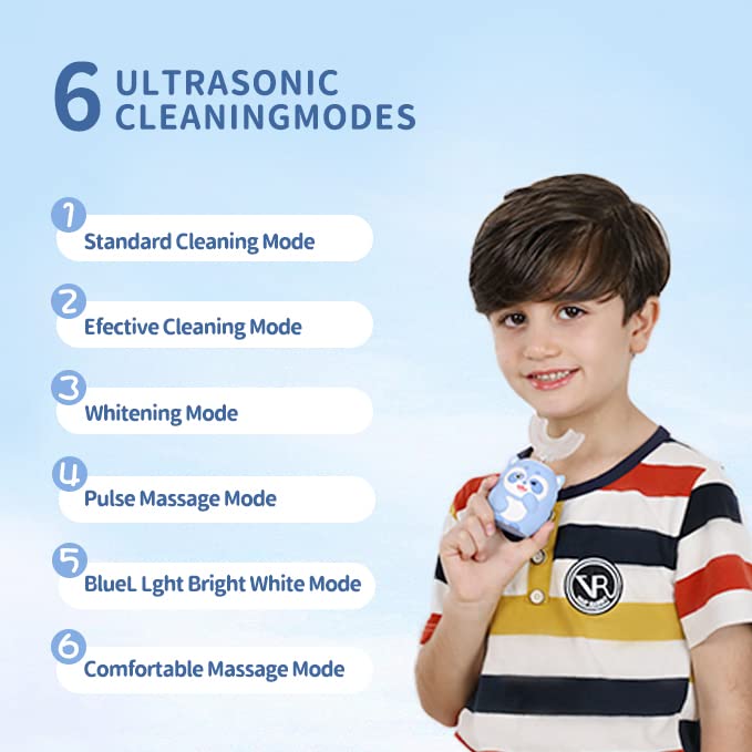 [Australia] - Kids Electric U Shaped Toothbrush, Cartoon Sonic Toothbrush with 4 Brush Heads 6 Cleaning Modes Children Toothbrush IPX7 Waterproof - (Age 2-7, Blue) Cup with Blue Raccoon（Ages 2-7） 