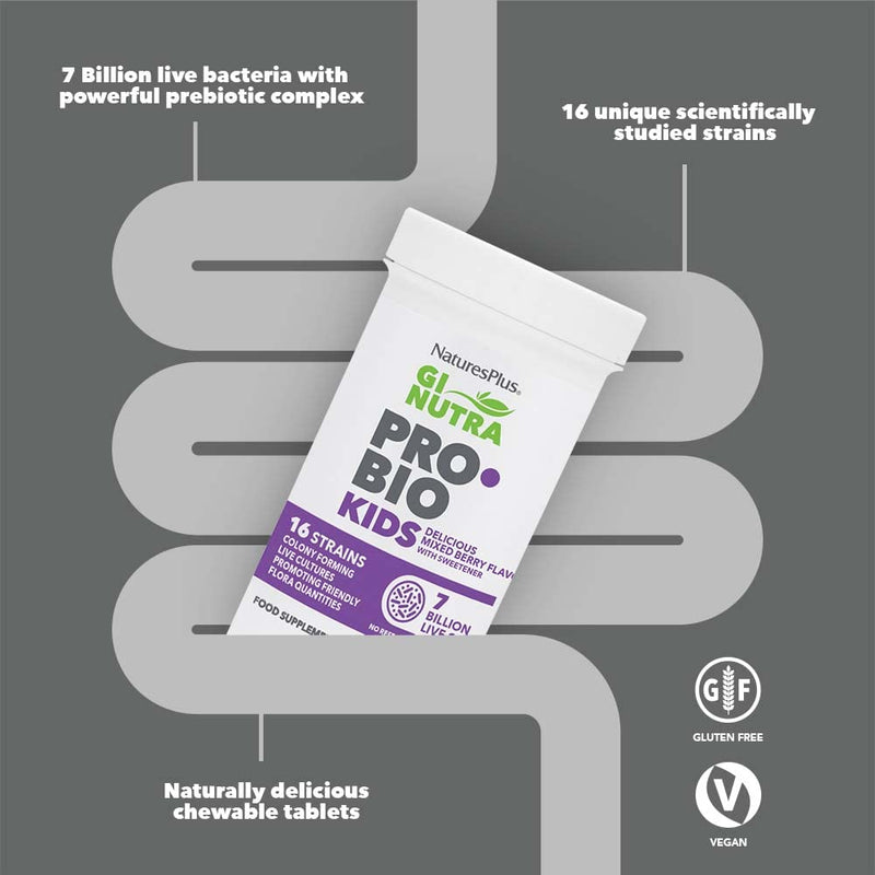 NaturesPlus GI NUTRA Pro Bio Kids Chewable Tablets - 7 Billion Probiotics with 16 Live Strains, L Acidophilus, B. Longum and Prebiotics Fibre Complex - Vegan, Gluten Free, Berry Flavour - 30 Tablets