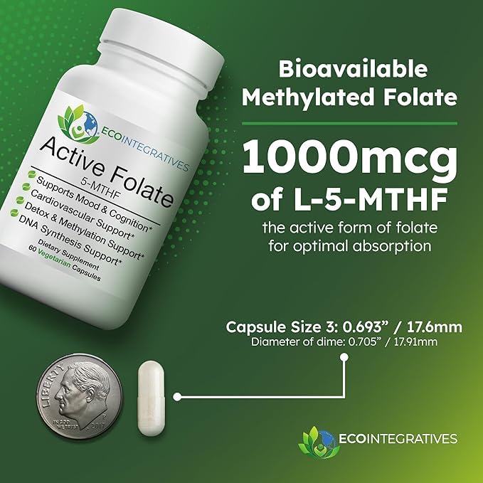 Active Folate 5-MTHF - Methylfolate 1000mcg, 60 Capsules | Supports Methylation, Energy, and Cellular Health, No added B12, Bioavailable Folate for Mood, Heart, and Prenatal Health