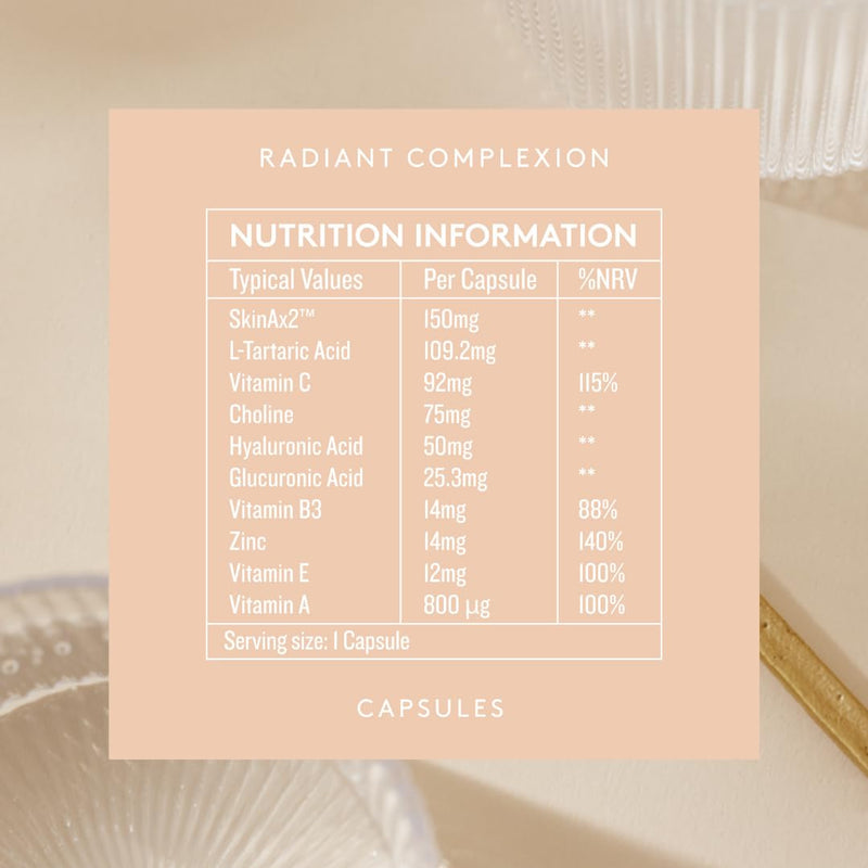 Dose & Co Radiant Complexion Capsules – 30 Capsules | Hyaluronic Acid + SkinAx2™, Vitamins & Zinc | Supports Skin Radiance, Hydration & Elasticity | Vegan, Gluten-Free Daily Skin Supplement