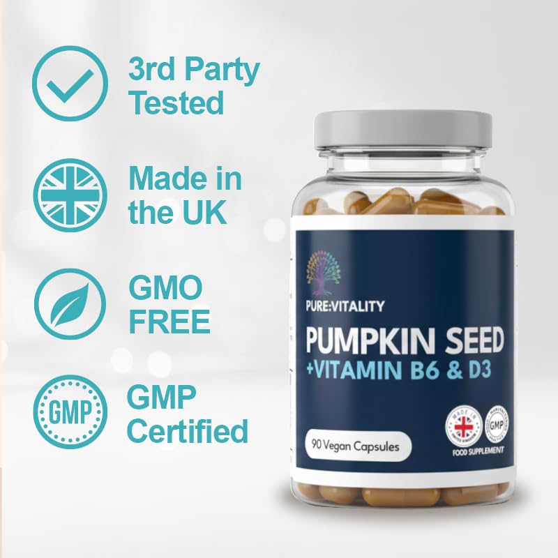 Pumpkin Seed Extract 3000mg with Vitamin D3 4000IU & Vitamin B6 4mg – 90 Capsules – 3 Month Supply – High Strength Formula for Prostate, Immune & Hormone Support – GMP HACCP Certified