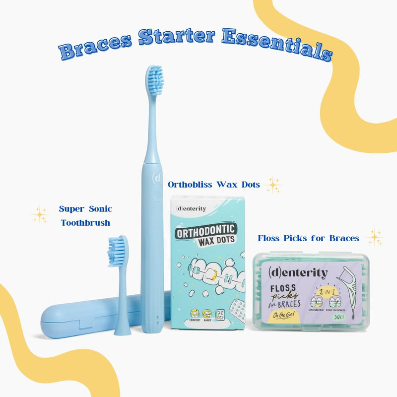 [Australia] - Braces Essentials Bundle Cleaning Kit for Teeth, Portable Orthodontic Toothbrush Kit Oral Care Dental Travel Kit - Sonic Toothbrush Floss Picks Wax Dots- 3pc Bundle-for Kids & Teens & Young Adults 
