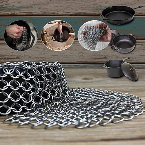 [Australia] - 316 Stainless Steel Cast Iron Skillet Cleaner Cast Iron Scraper Chainmail Scrubber for Cast Iron Pans, Pre-Seasoned Pans, Griddle Pans, BBQ Grills, and More Pot Cookware-Round 7 Inch Diameter 