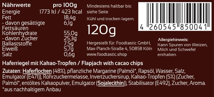 [Australia] - Foodtastic Power Cake Cacao Chip (10 x 120g) | delicious, juicy oat bars | handmade Flapjack energy bars made from oatmeal 